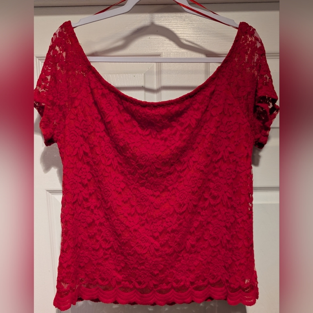 Ambiance NEW Women's Plus Size Red Floral Lacy Cotton Nylon Spandex 3X Blouse